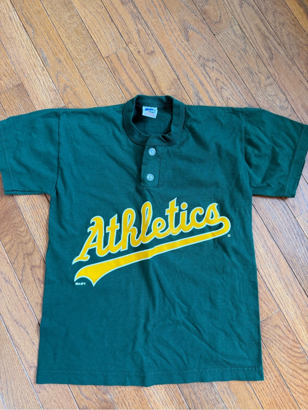 Russell Athletic Green Kids Henley Tee with Yellow Athletics Script